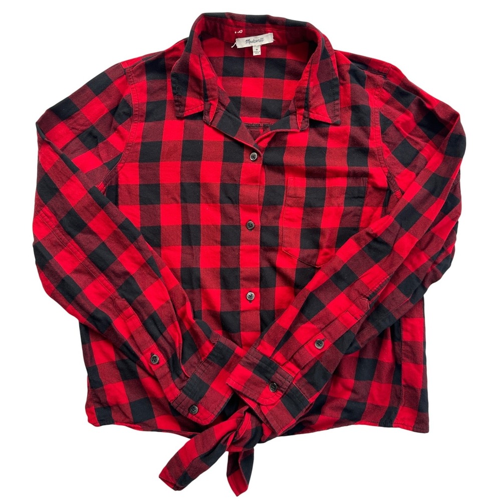 Madewell Tie Front Flannel Shirt Women M Red Black Buffalo Plaid K2765 Excellent